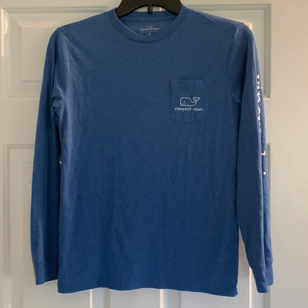 Vineyard Vines, long sleeve t-shirt pocket front Logo, whale, blue, medium 12-14